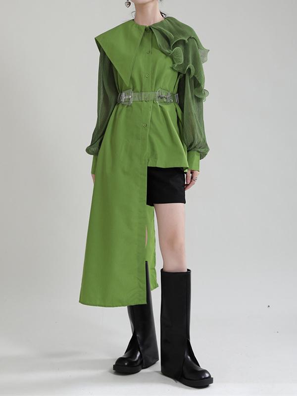 Long Sleeves Loose Asymmetric Pleated Solid Color Split-Joint Falbala Lapel Blouses&Shirts Tops Product Image