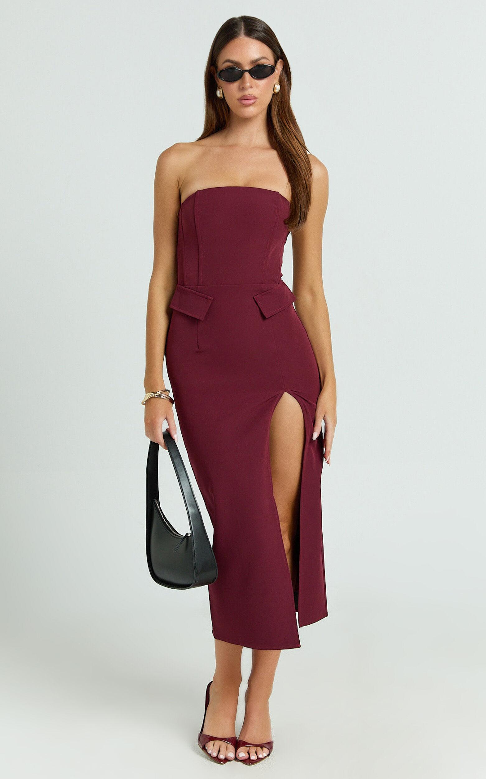 Wilma Midi Dress - Strapless Tailored High Split Dress in Wine Product Image