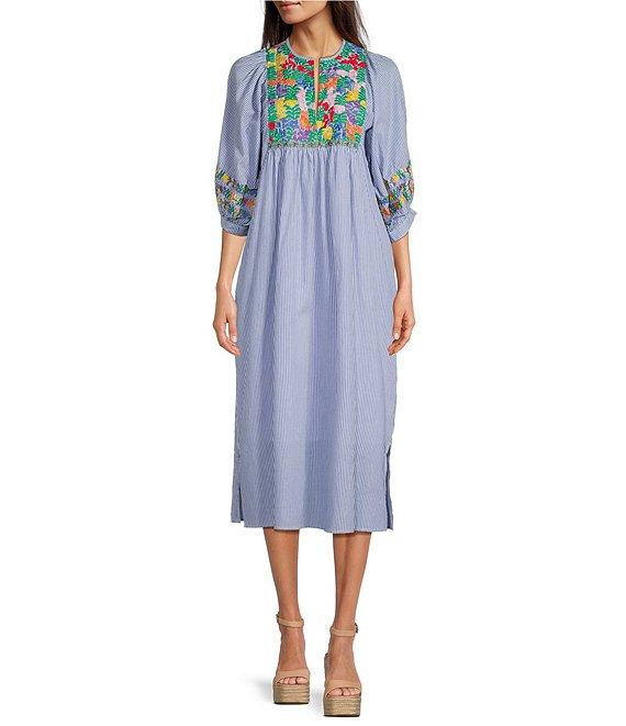 J.Marie Tristen Embroidered Side Slit Striped Pullover Midi Dress Product Image