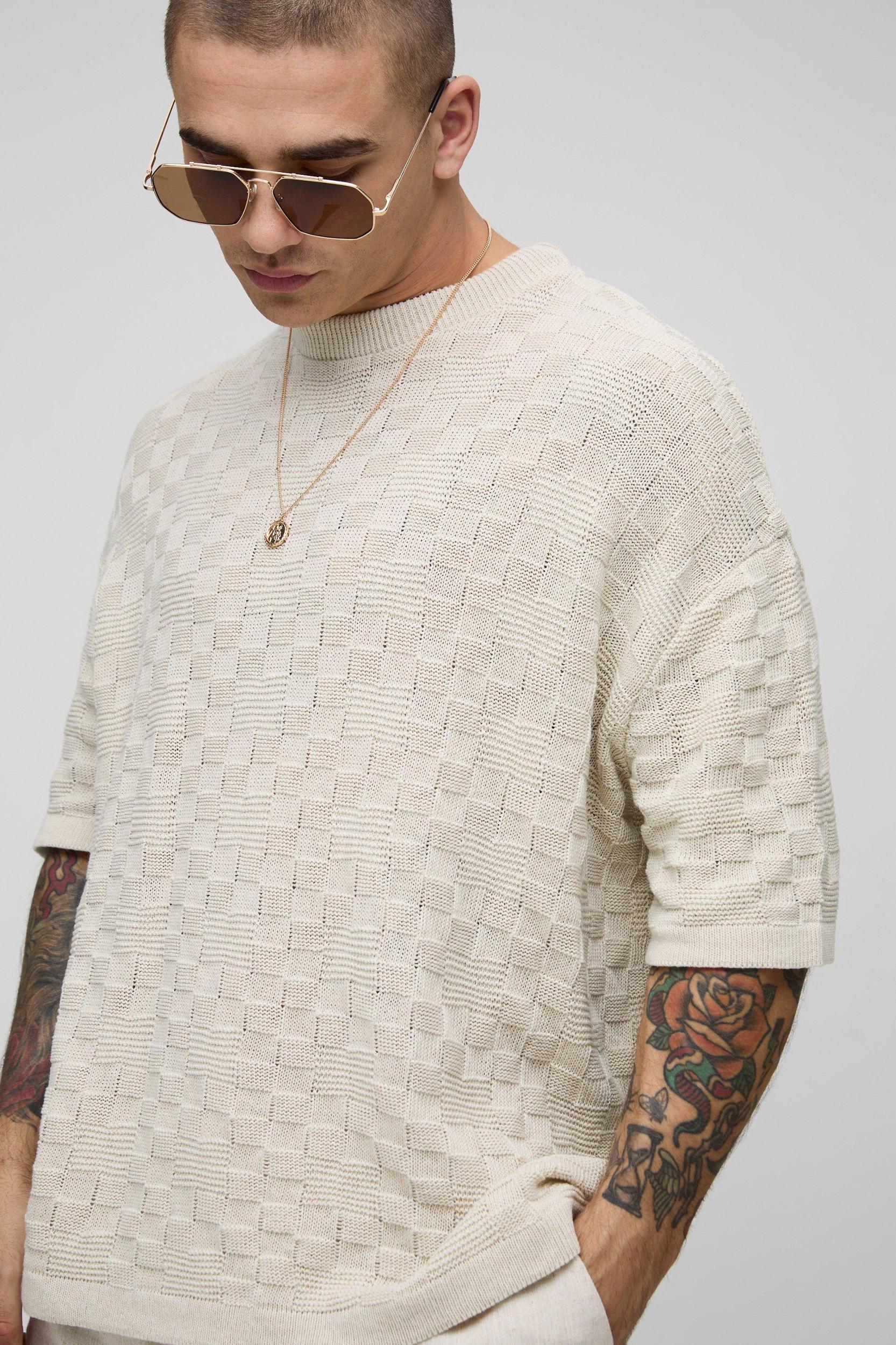 Oversized Geometric Stitch Knitted T-Shirt | boohooMAN USA Product Image