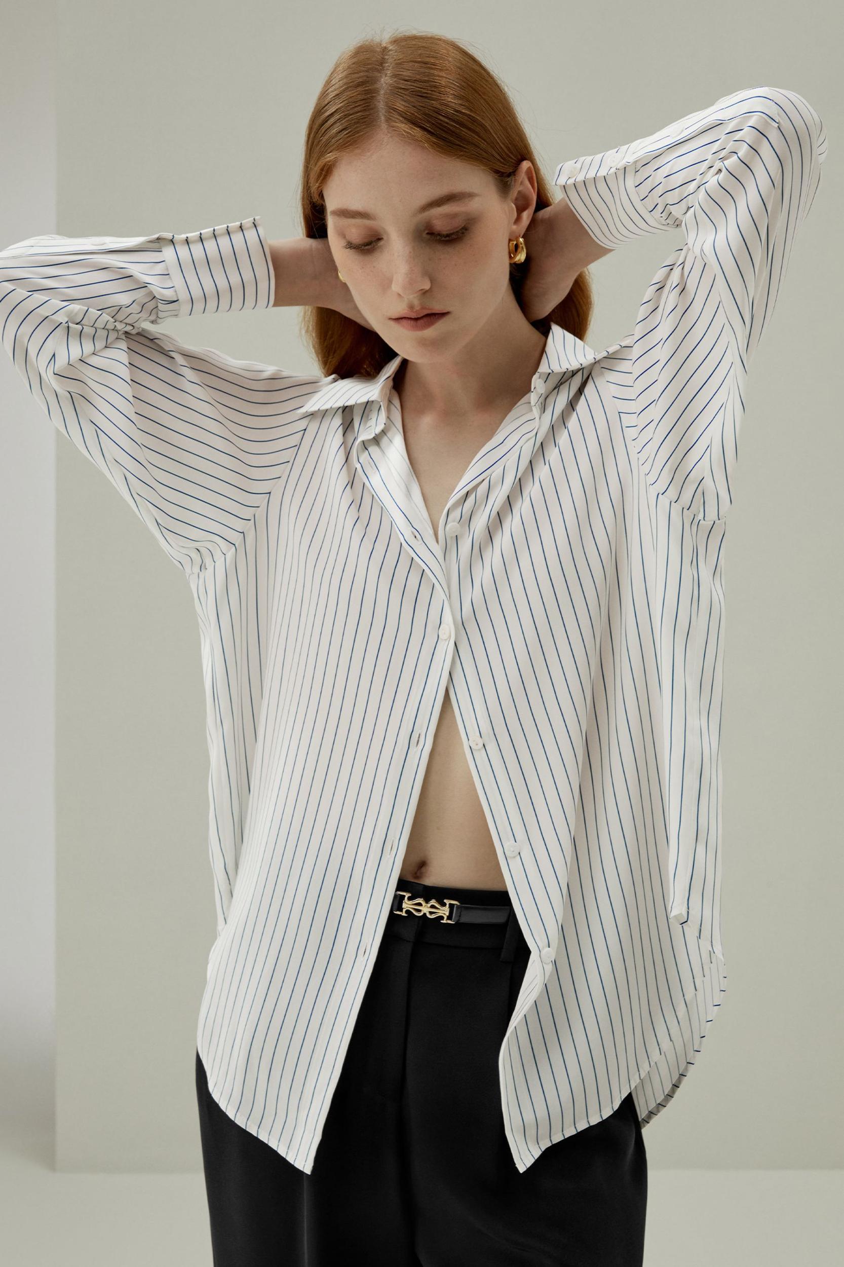 LILYSILK Women's Silk Charmeuse Oversized SOS Shirt, Brown Pinstripe, XXL Product Image