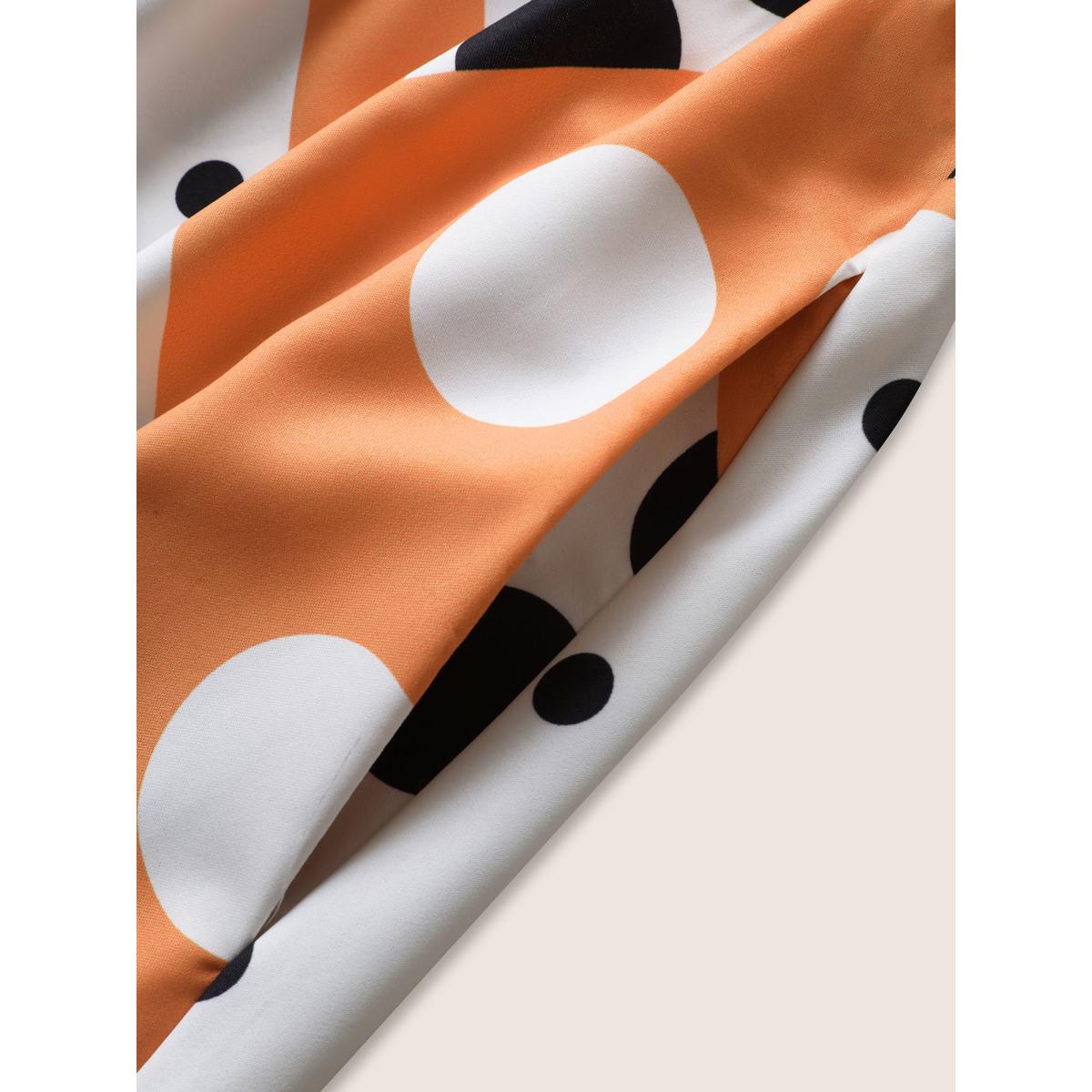 Plus Size Polka Dot Contrast Notched Collar Belted Dress Orange Women At the Office Belted Notched collar Sleeveless Curvy Midi Dress BloomChic 14-16/1X Product Image