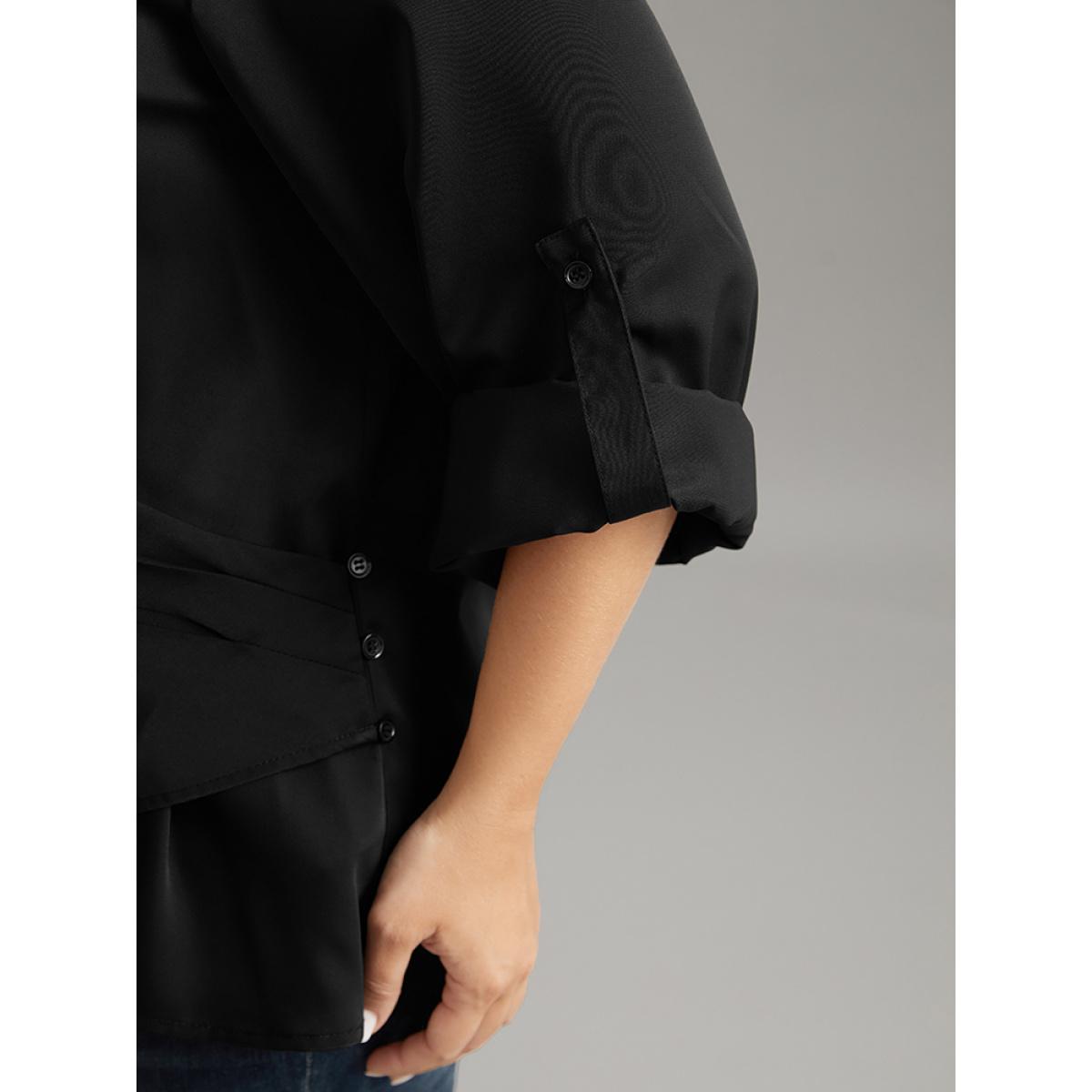 Plus Size Black Plain Tab Sleeve Wrap Pleated Blouse Women Work From Home Long Sleeve V-neck Office Blouses BloomChic 26/4X Product Image