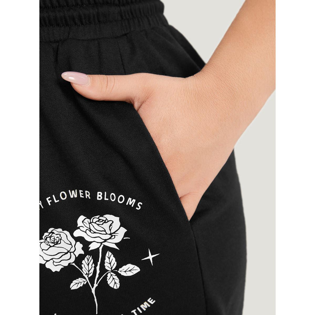 Floral Print Drawstring Elastic Waist Pocket Sweatpants Black Plus Size Women Casual Everyday Tummy control 28/5X Bloomchic Product Image