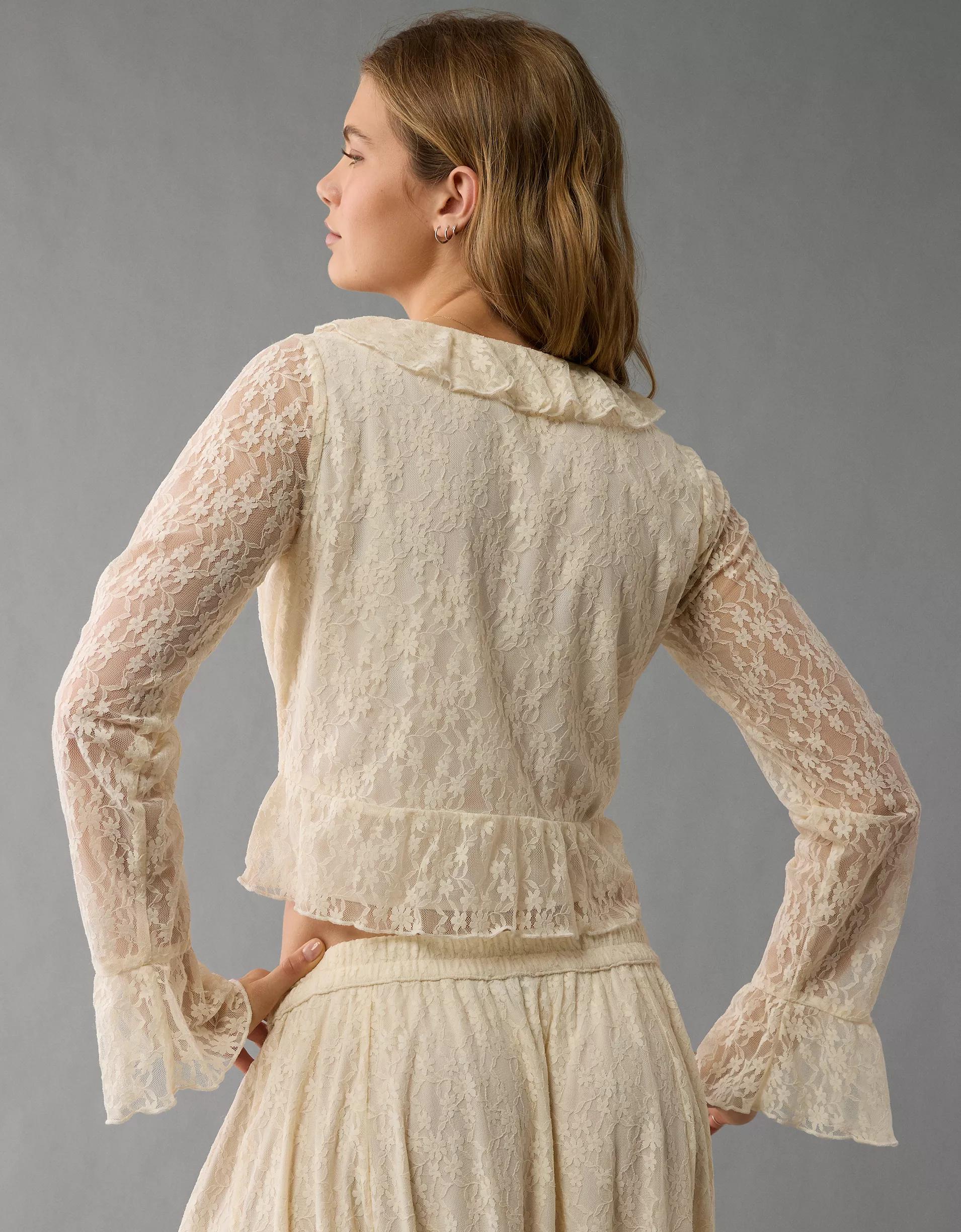 AE Lace Bell Sleeve Ruffle Blouse Product Image