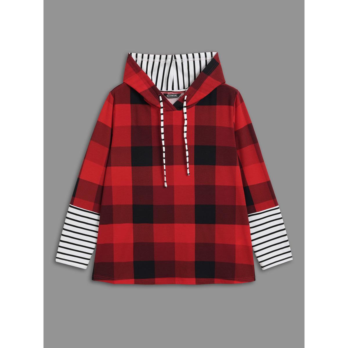 Plus Size Plaid Hooded Drawstring Straight Fit Tee Brightred Women Casual Contrast Hooded Everyday T-shirts BloomChic 10/M Product Image