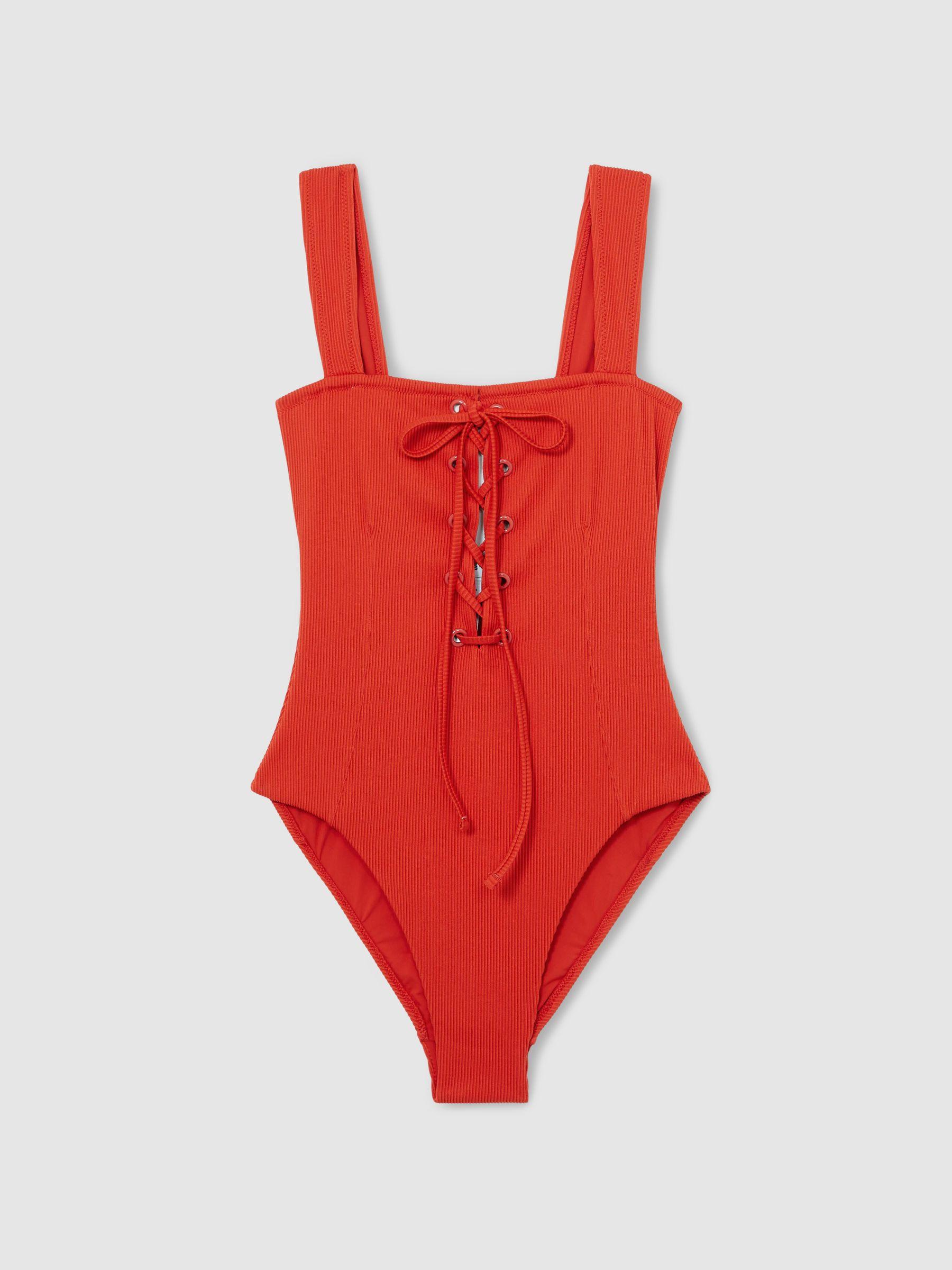Ribbed Lace-Up Swimsuit in Orange Product Image