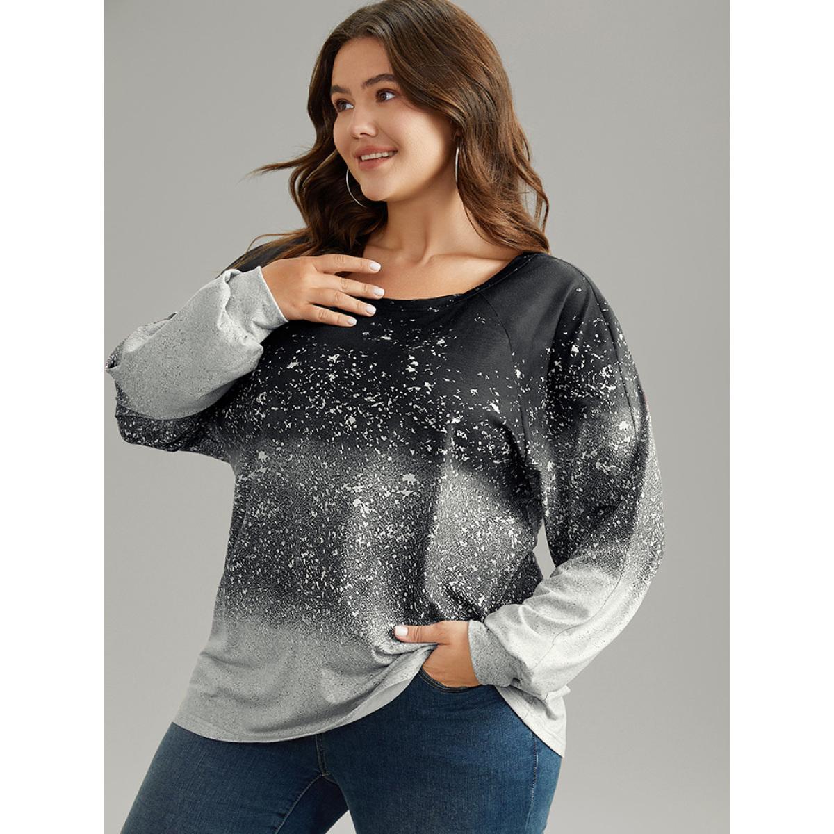 Plus Size Ombre Raglan Sleeve Contrast T-shirt BlackFlower Women Casual Elastic cuffs Colorblock Round Neck Everyday T-shirts BloomChic 10/M Product Image