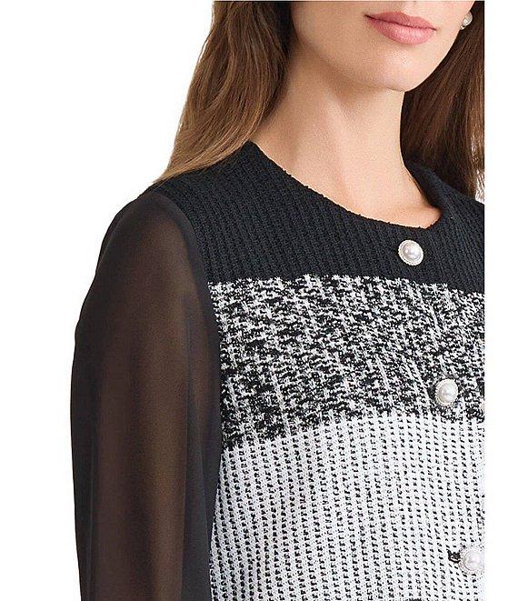 Ming Wang Mixed Media Colorblock Knit Round Neck Sheer Long Sleeve Jacket Product Image
