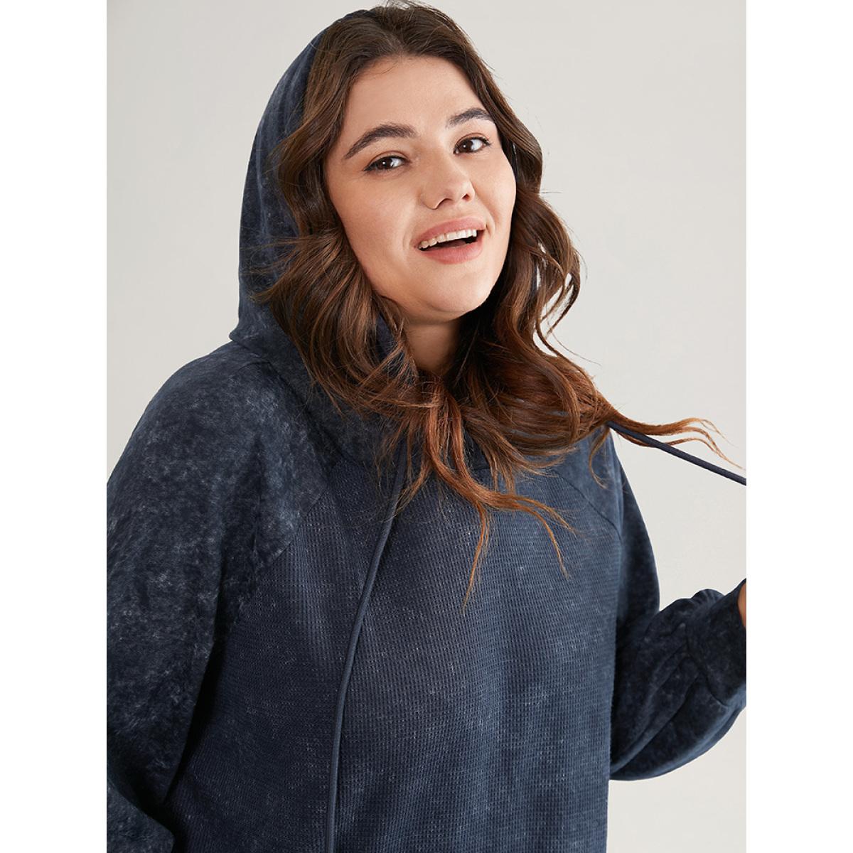 Plus Size Vintage Waffle Knit Kangaroo Pocket Sweatshirt Women Indigo Casual Waffle Knit Hooded Everyday Sweatshirts BloomChic 12/L Product Image