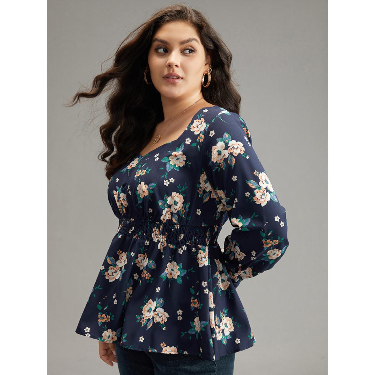 Plus Size Indigo Floral Square Neck Shirred Lantern Sleeve Blouse Women Elegant Long Sleeve Square Neck Dailywear Blouses BloomChic 28/5X Product Image
