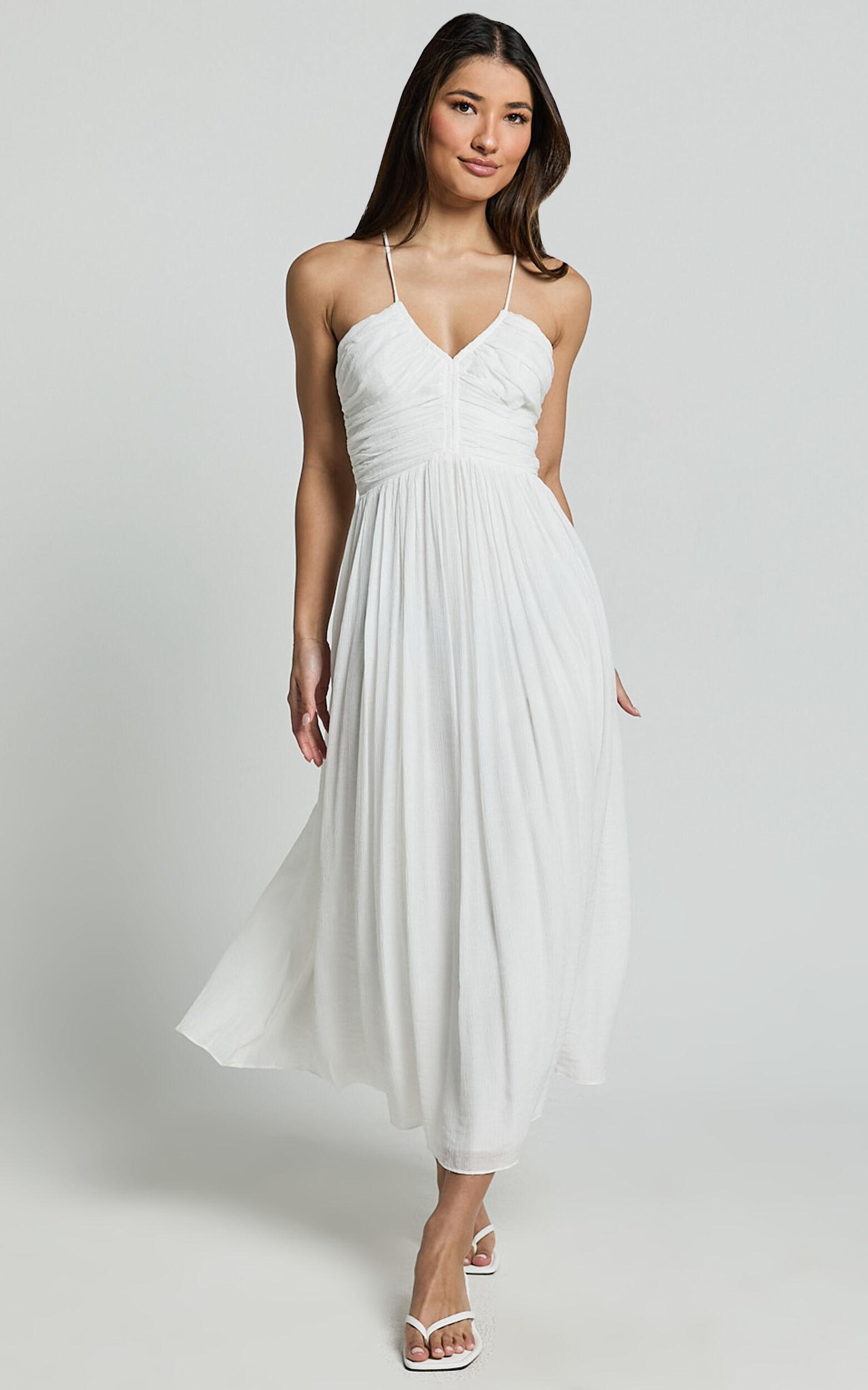 Roza Midi Dress - Ruched Bodice Dress in White Product Image