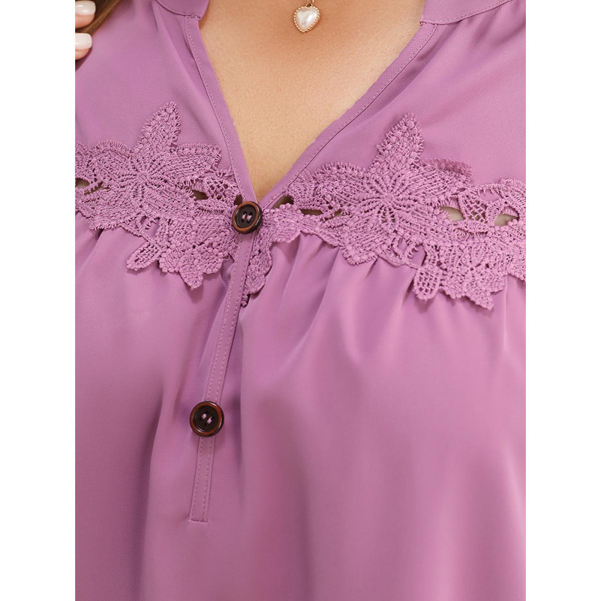Plus Size Mauve Floral Patchwork Button Detail Ruffle Tiered Sleeve Blouse Women Elegant Short sleeve V-neck Dailywear Blouses BloomChic 10/M Product Image