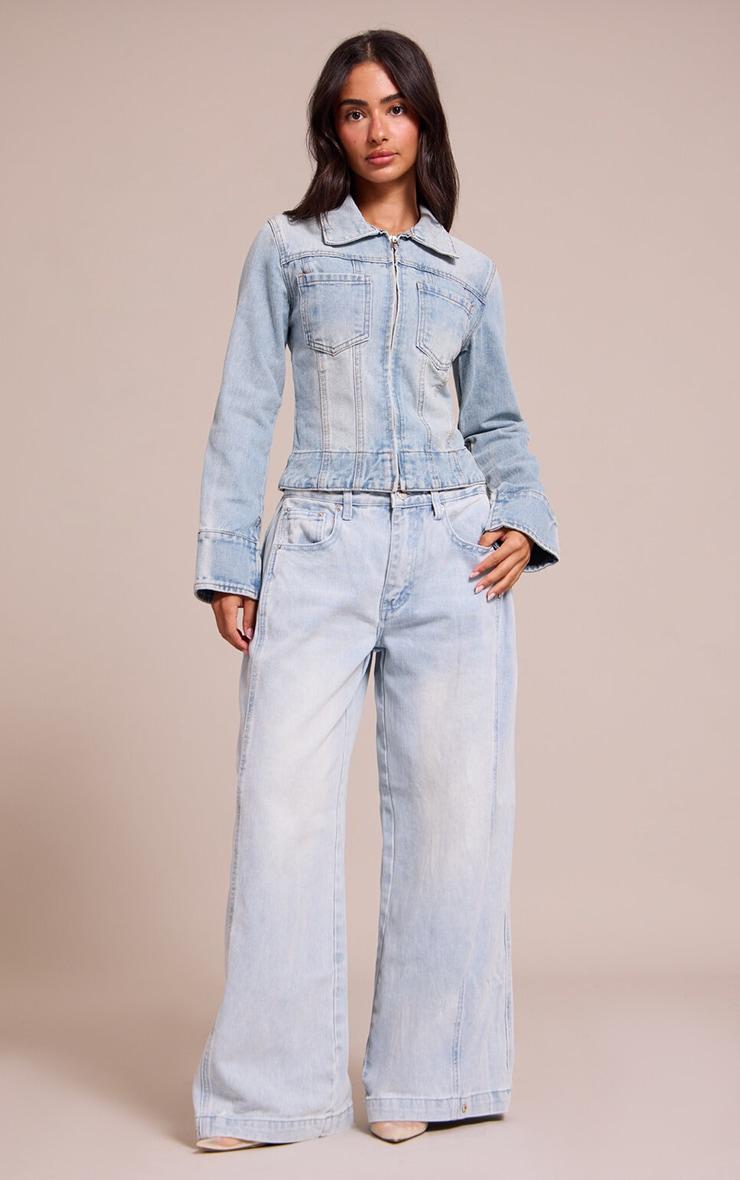 Petite Light Blue Denim Front Zip Fitted Jacket Product Image
