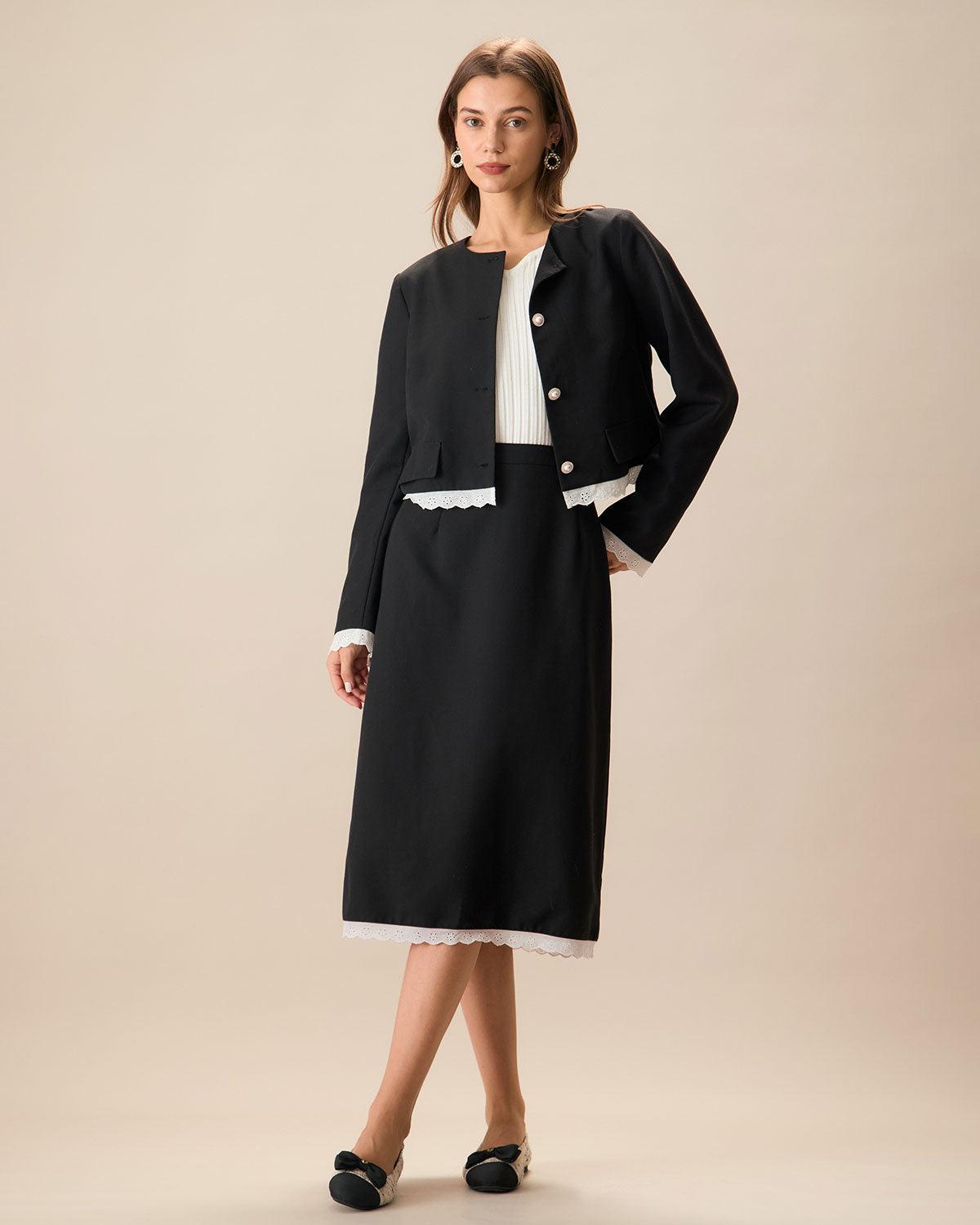 Black Contrasting Slit Midi Skirt Product Image