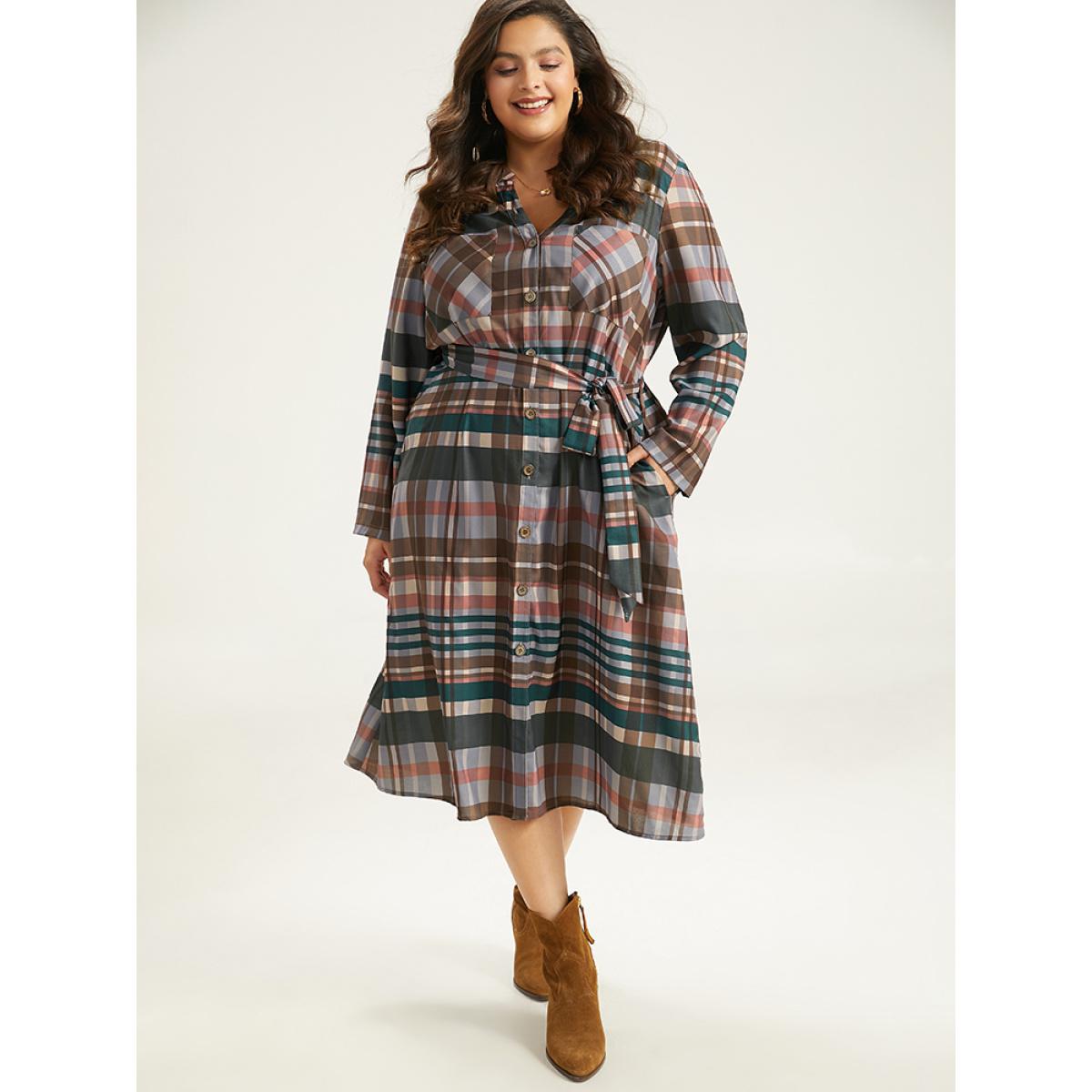Plus Size Plaid Button Through Patched Pocket Dress Black Women Casual Belted Notched collar Long Sleeve Curvy Midi Dress BloomChic 12/L Product Image
