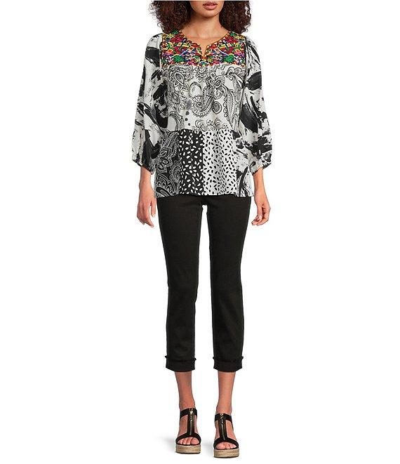 Calessa Petite Size Embroidered Patchwork Split V-Neck 3/4 Sleeve Tunic Product Image