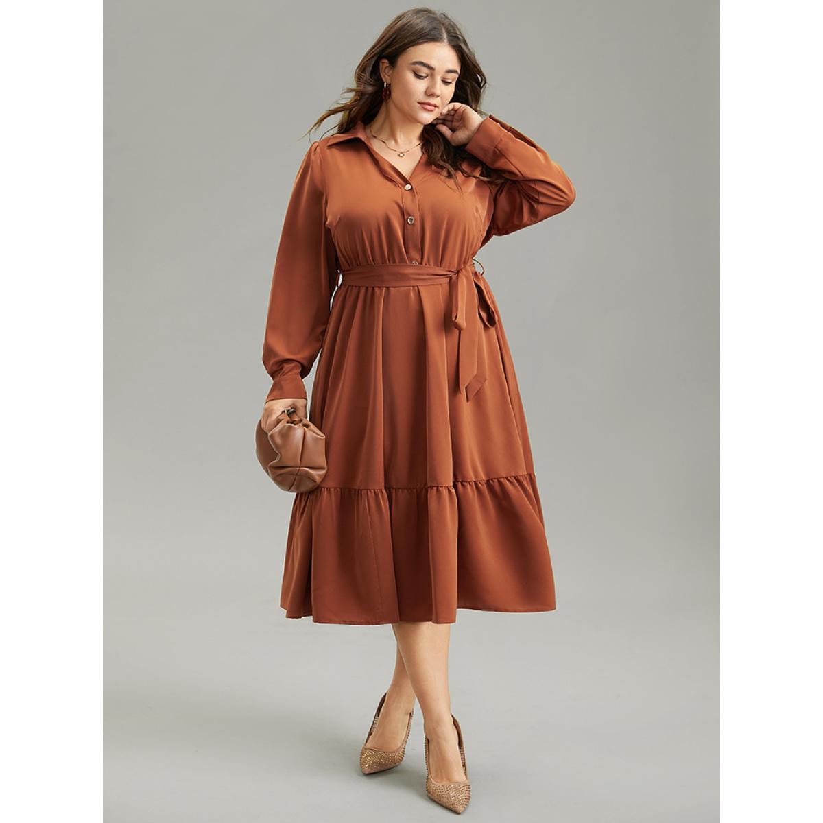 Plus Size Anti-Wrinkle Patchwork Button Up Belted Dress Rust Women Office Plain Lapel Collar Long Sleeve Curvy Midi Dress BloomChic 12/L Product Image