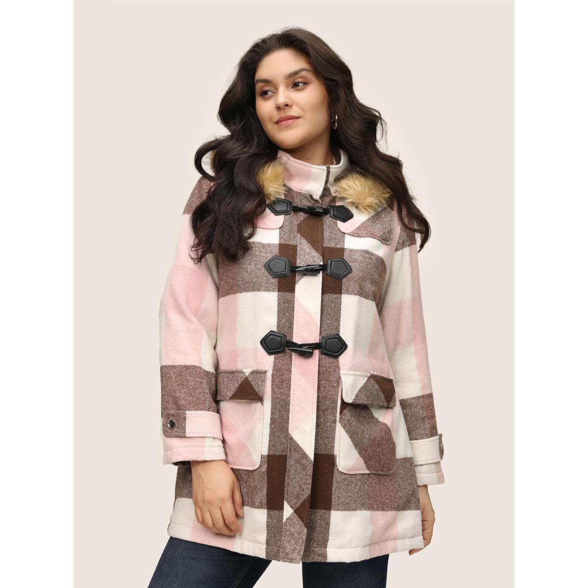 Plus Size Colorblock Contrast Fuzzy Trim Duffle Button Coat Women DustyPink Casual Lined Ladies Dailywear Winter Coats BloomChic 12/L Product Image