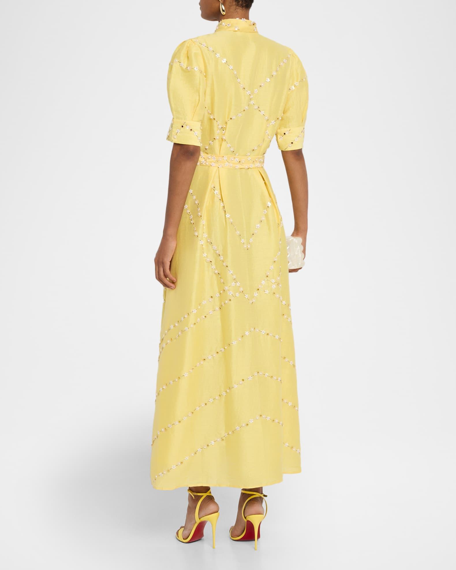 Embellished Organza Short-Sleeve Belted Midi Shirtdress Product Image