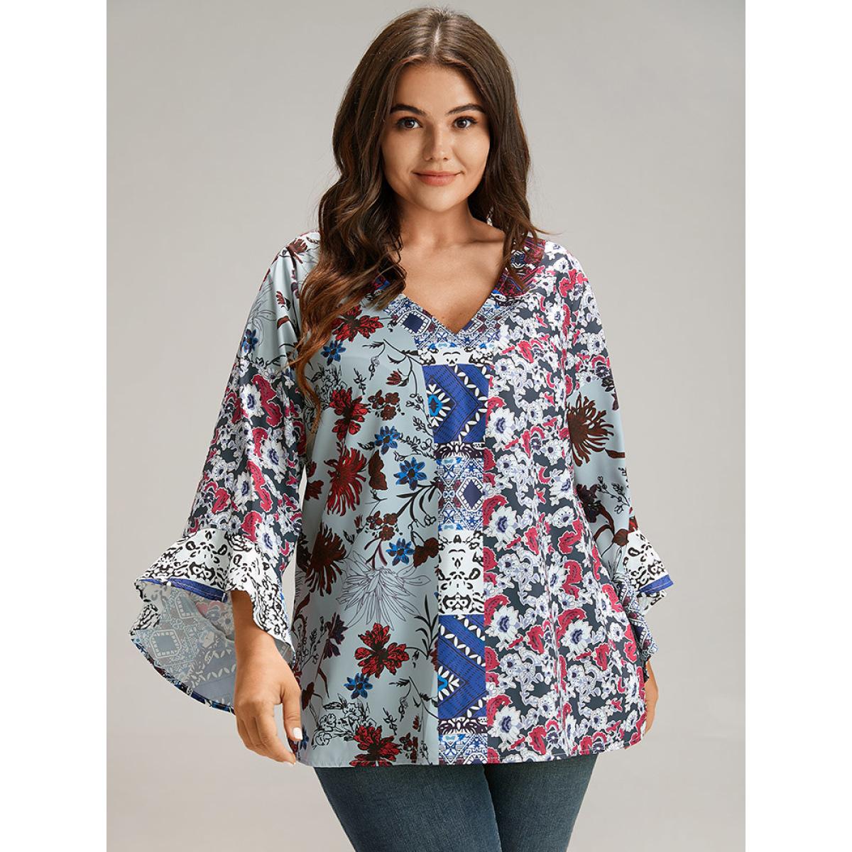 Plus Size Stone Bandana Print Patchwork Bell Sleeve Blouse Women Elegant Long Sleeve V-neck Vacation Blouses BloomChic 22-24/3X Product Image