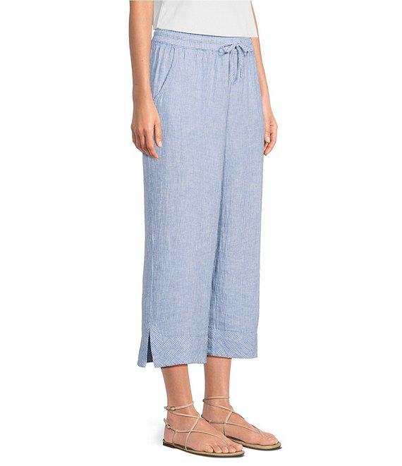 Ali Miles Petite Size Yarn-Dyed Striped Drawcord Cropped Pants Product Image