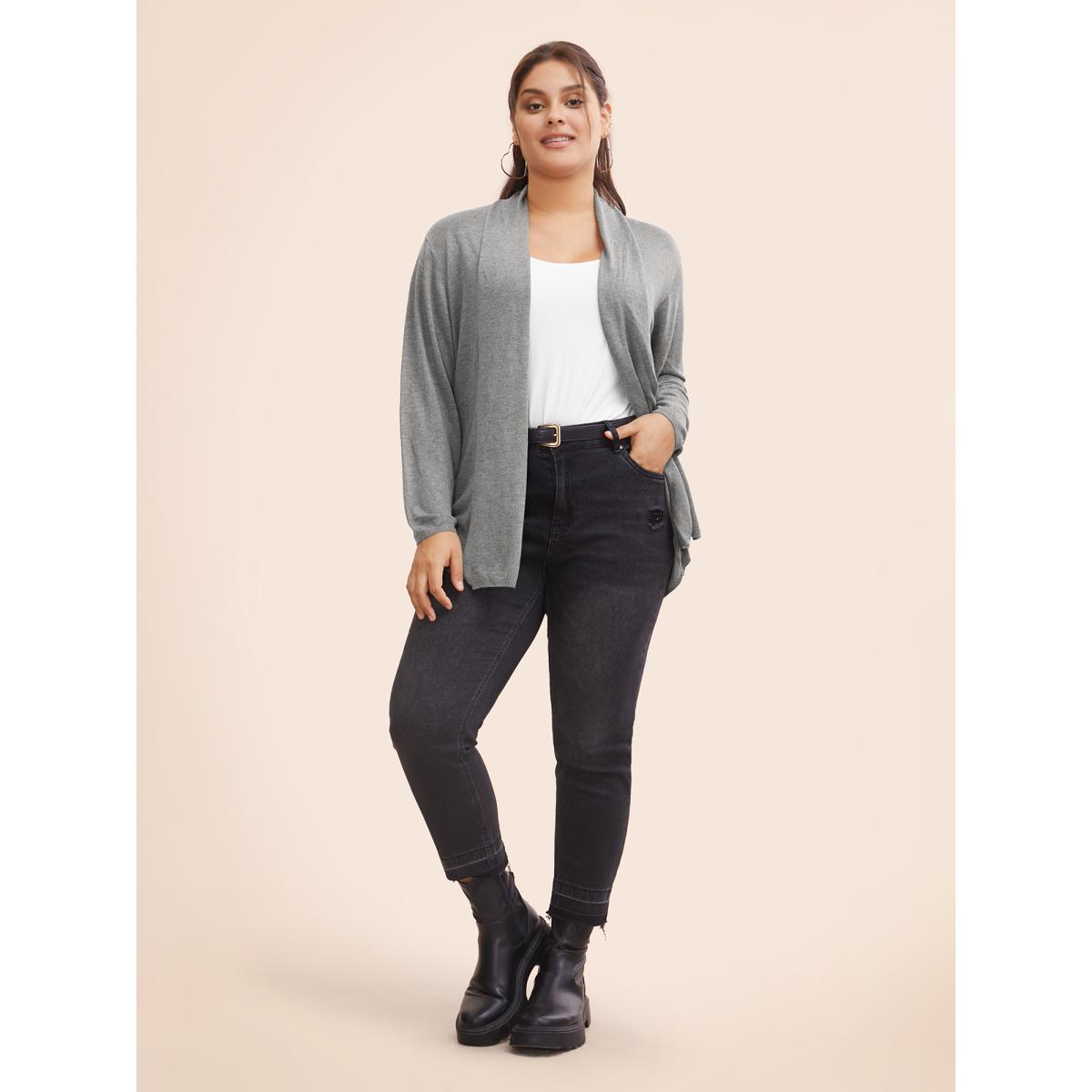 Plus Size Supersoft Essentials Plain Lapel Collar Drape Cardigan DimGray Women Leisure Loose Long Sleeve Casual Cardigans BloomChic 12/L Product Image