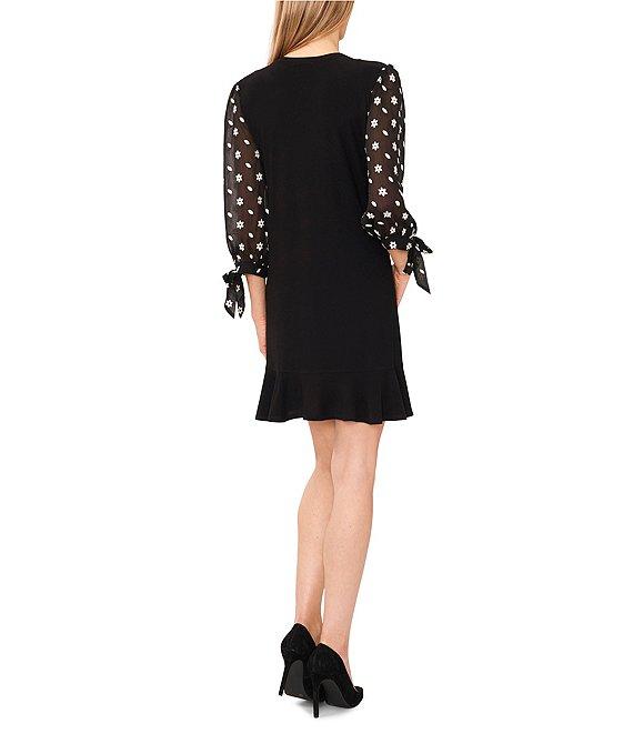 CeCe Crew Neck 3/4 Puffed Floral Sleeve Dress Product Image