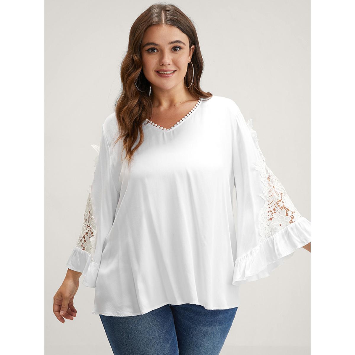 Plus Size White Solid Lace Flounce Sleeve V Neck Blouse Women Elegant Long Sleeve V-neck Dailywear Blouses BloomChic 28/5X Product Image