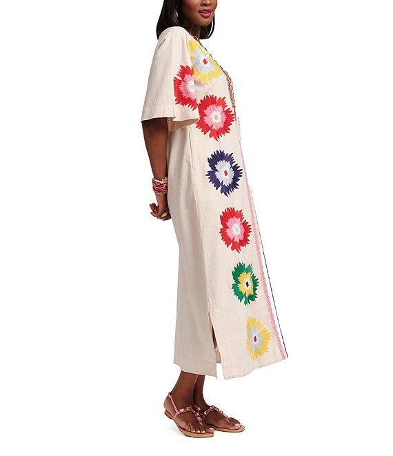 FRANCES VALENTINE Charming Fireflower Print Split U-Neck Short Sleeve Caftan Maxi Dress Product Image