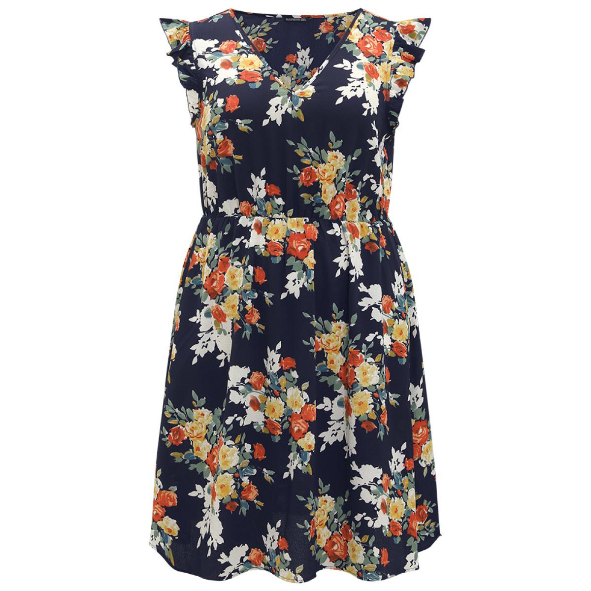 Plus Size Pixel Flower Print Ruffle Cap Sleeve Pocket Dress DarkBlue Women Elegant Elastic Waist V-neck Cap Sleeve Curvy Knee Dress BloomChic 10/M Product Image