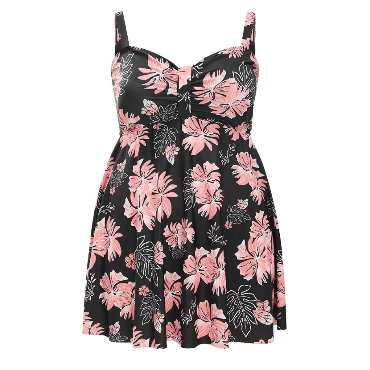 Plus Size Floral Print Gathered Adjustable Straps Swim Dress Women's Swimwear BlackFlower Vacation Bodycon Spaghetti Strap High stretch Curve Swim Dresses BloomChic 30/6X Product Image