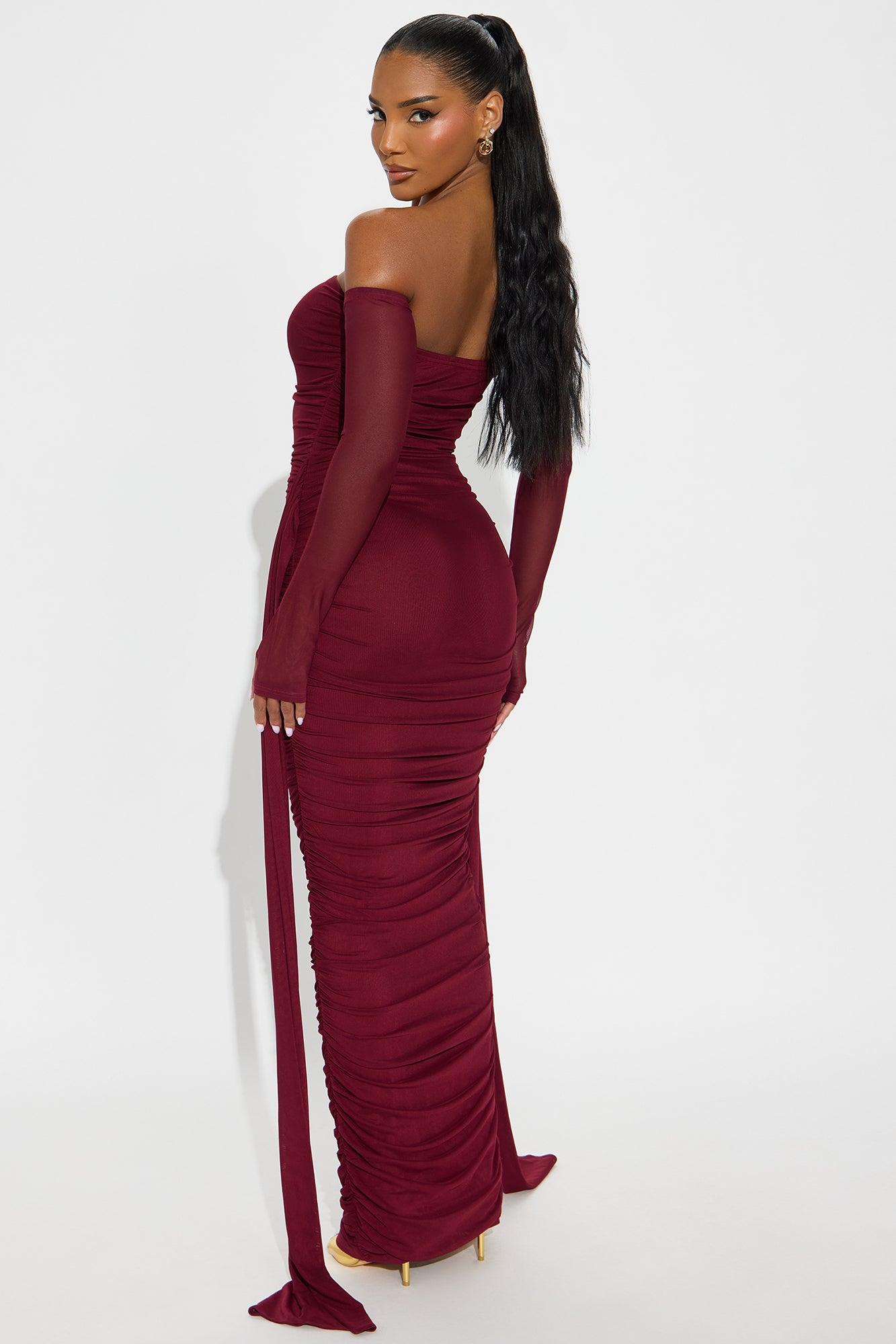 Kourtney Mesh Ruched Maxi Dress - Burgundy Female Product Image