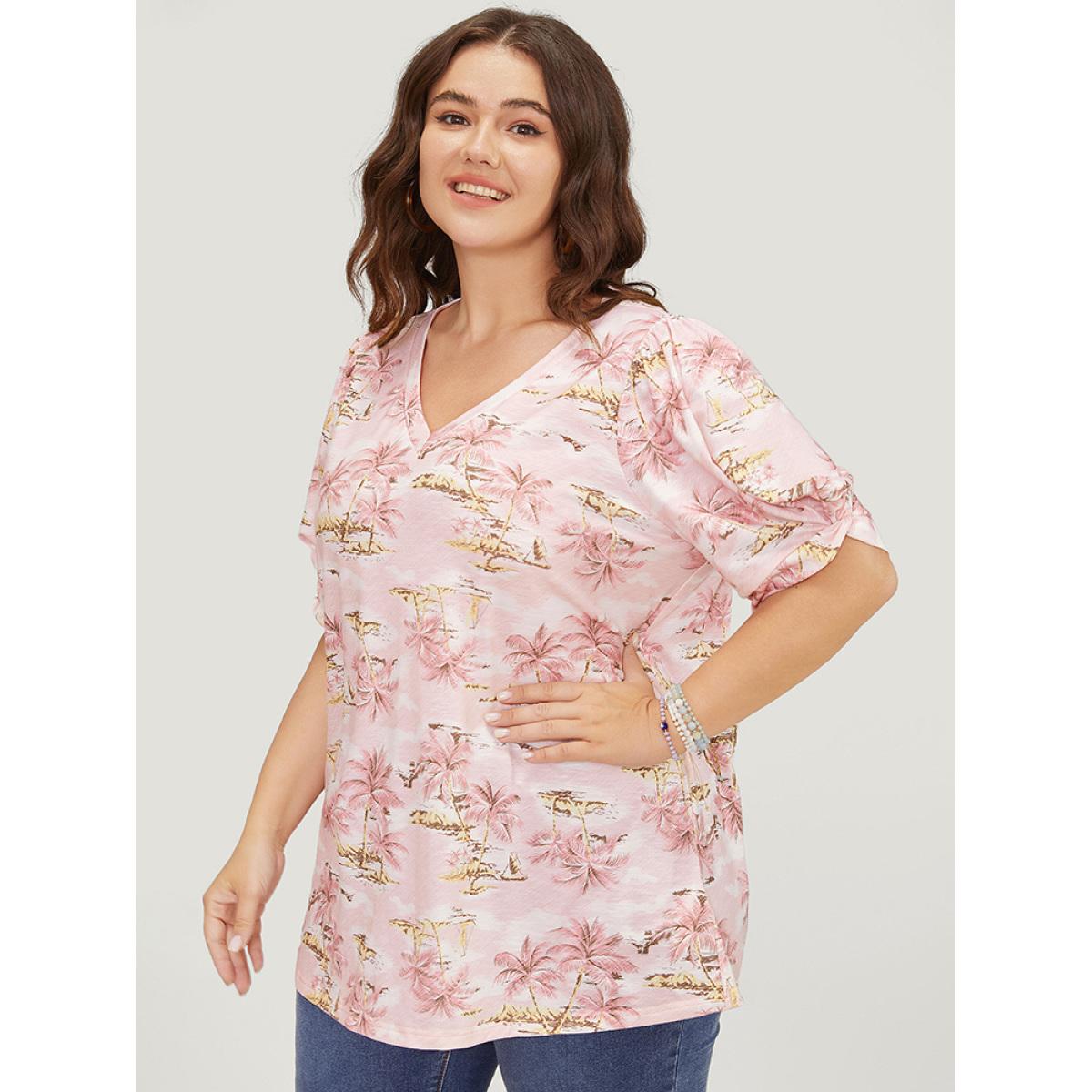 Plus Size Coconut Tree Print Gathered Twist Sleeve T-shirt Rouge Women Vacation Tropical V-neck Dailywear T-shirts BloomChic 12/L Product Image