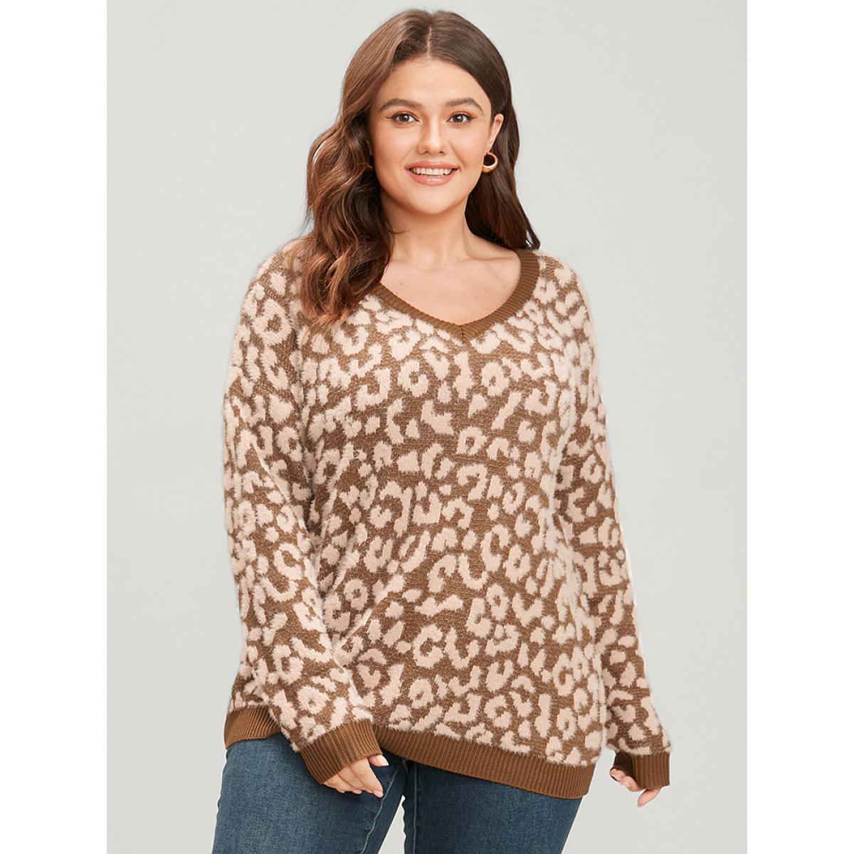 Plus Size Leopard Pointelle Knit V Neck Fluffy Knit Top Bronze Women Casual Loose Long Sleeve V-neck Dailywear Pullovers BloomChic 28/5X Product Image