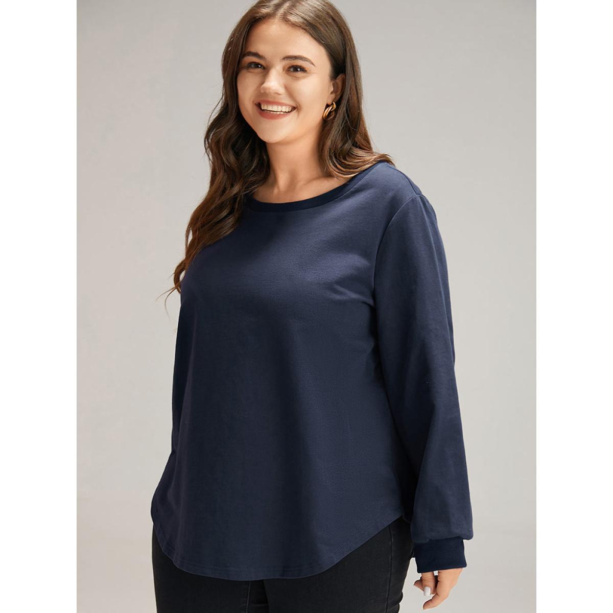 Plus Size Cotton Curved Hem Elastic Cuffs Sweatshirt Women Indigo Casual Elastic cuffs Round Neck Dailywear Sweatshirts BloomChic 22-24/3X Product Image