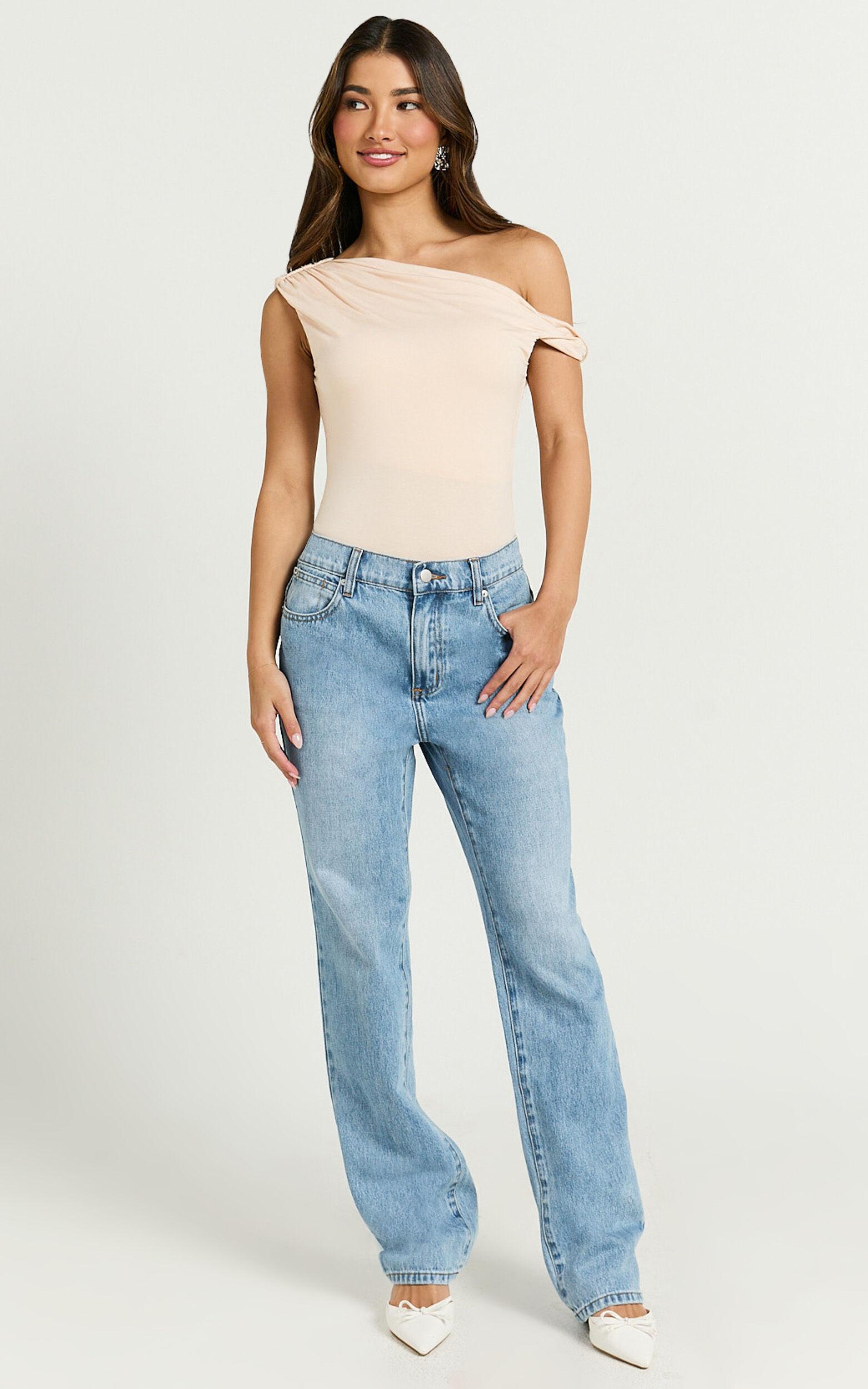 Jialeen Top - Off Shoulder Twist Asymmetrical Sleeve Top in Sand Product Image