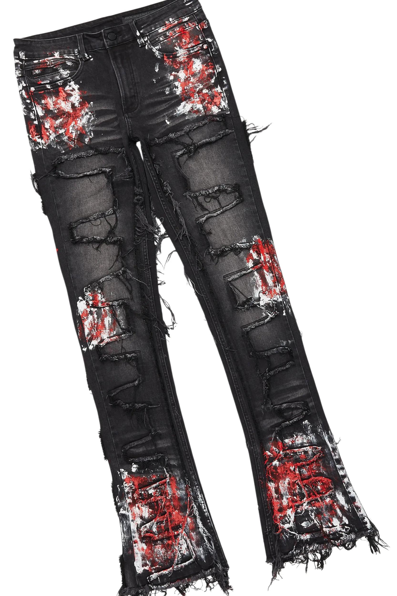 Saxon Dark Grey/Red T-Shirt/Stacked Flare Jean Set Male Product Image