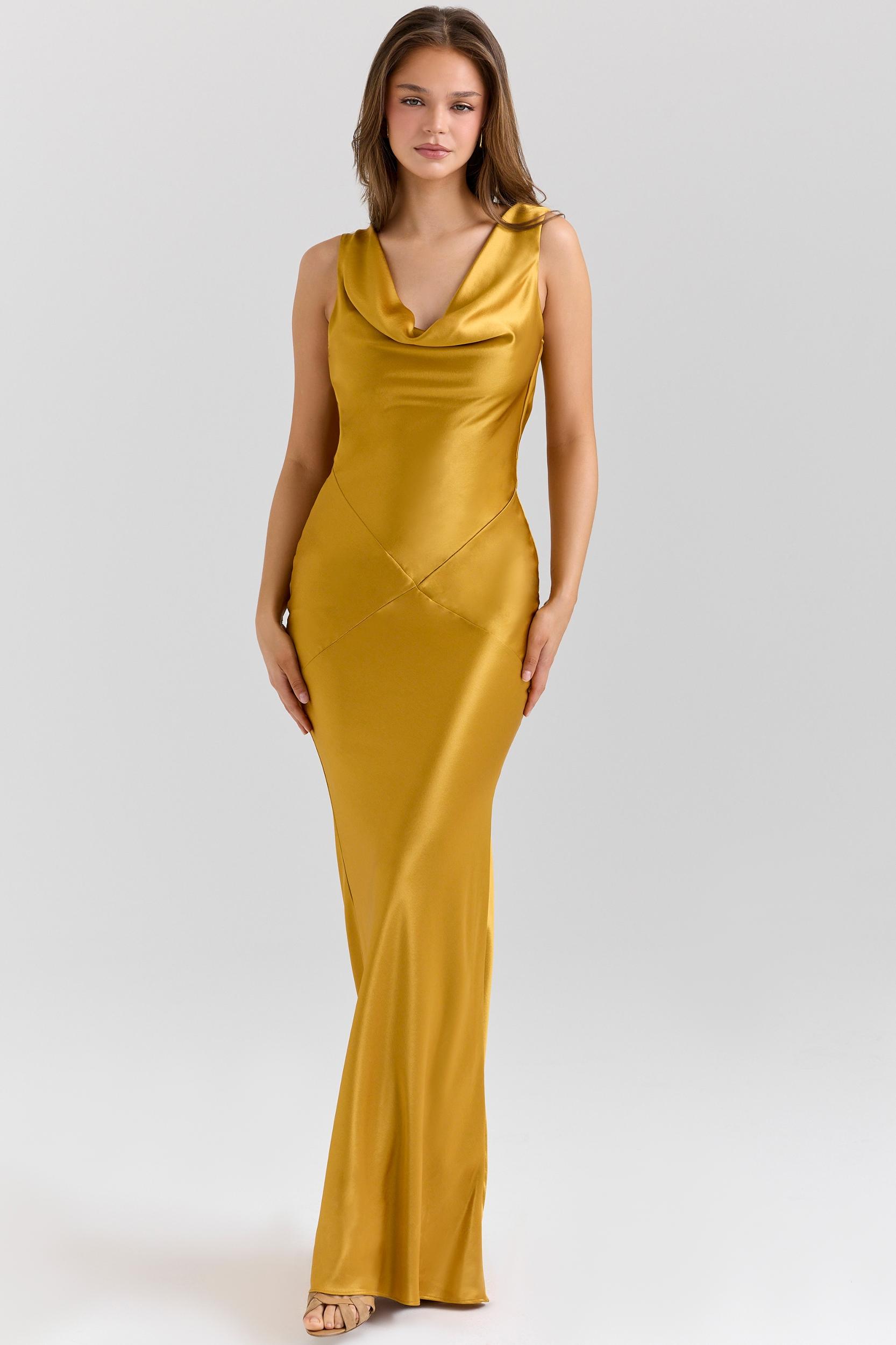 Safaira  amber satin draped cowl neck maxi dress Product Image
