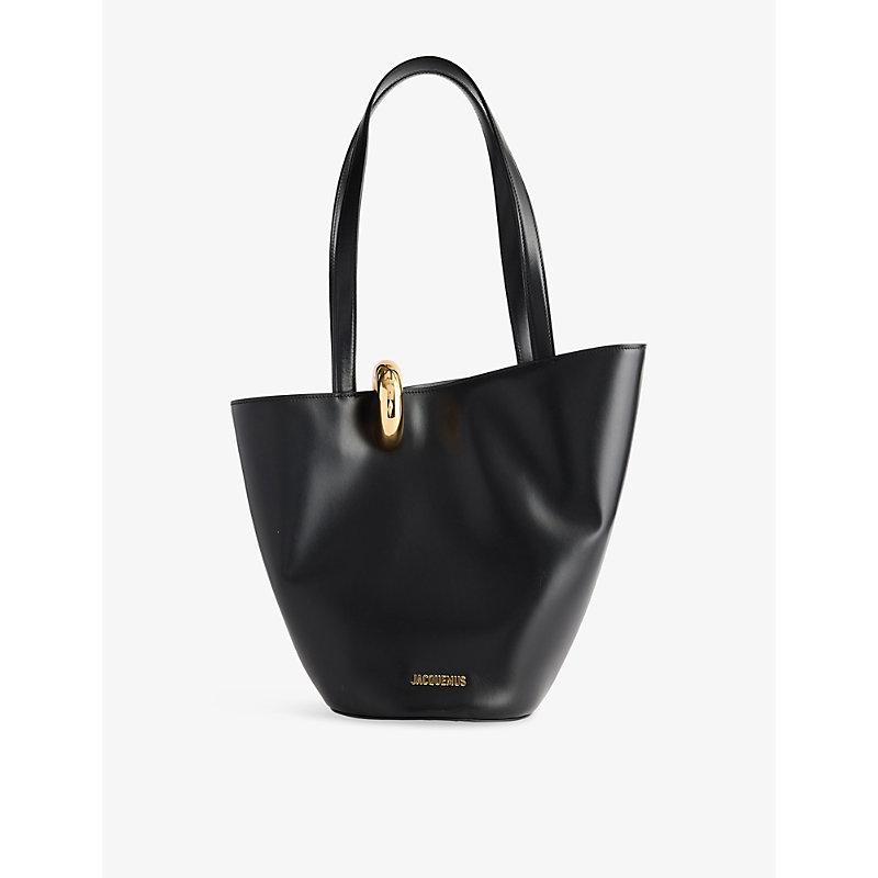 JACQUEMUS The Medium Bambola Asymmetric Leather Bucket Bag In Black 990 Product Image