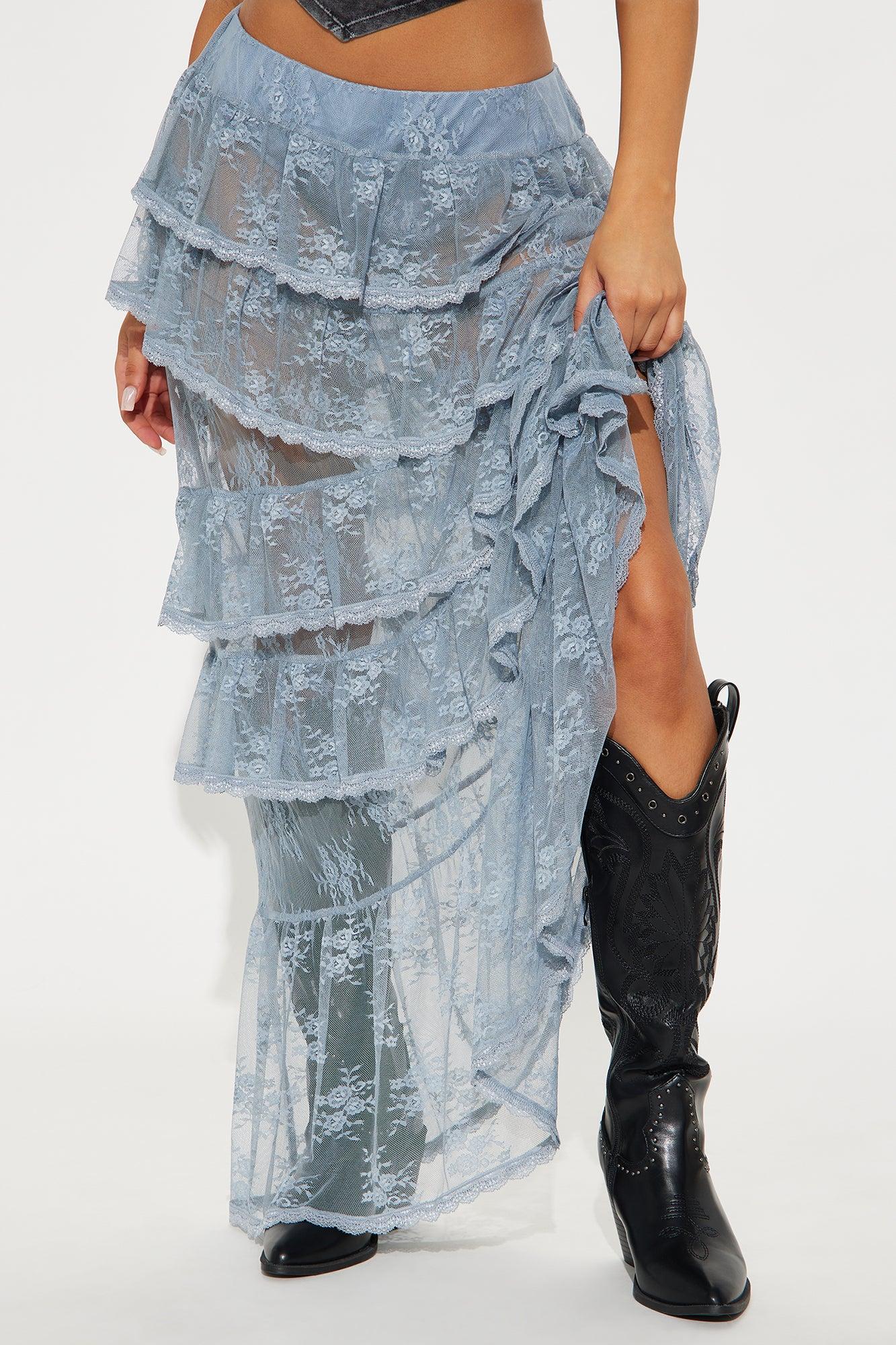 Daydreamer Sheer Lace Tiered Maxi Skirt - Light Blue Female Product Image