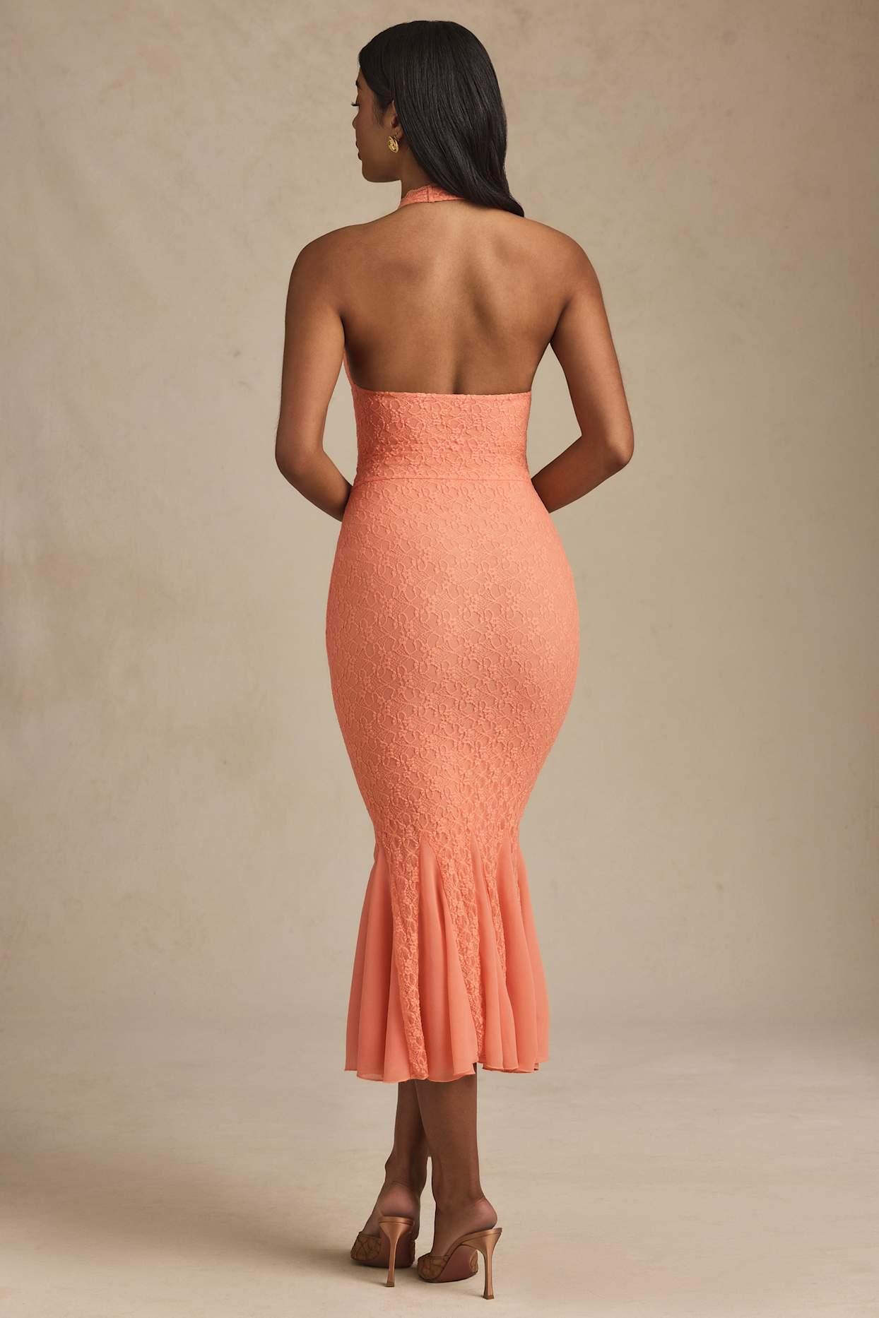 Halterneck Corset Lace Midaxi Dress in Peach Product Image