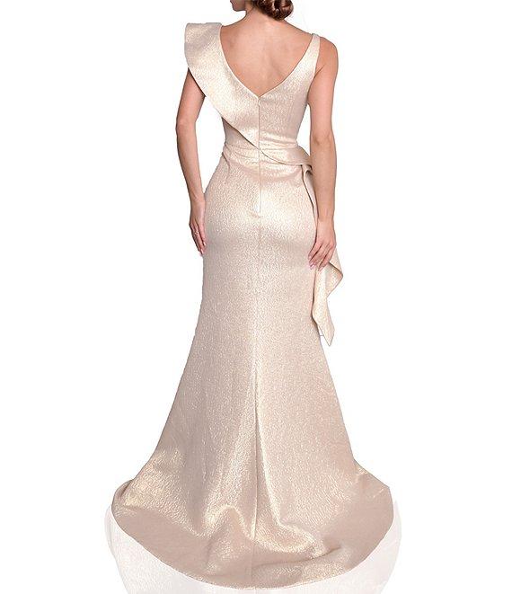 Terani Couture V-Neck Asymmetrical Sleeve Beaded Waist Side Peplum Gown Product Image