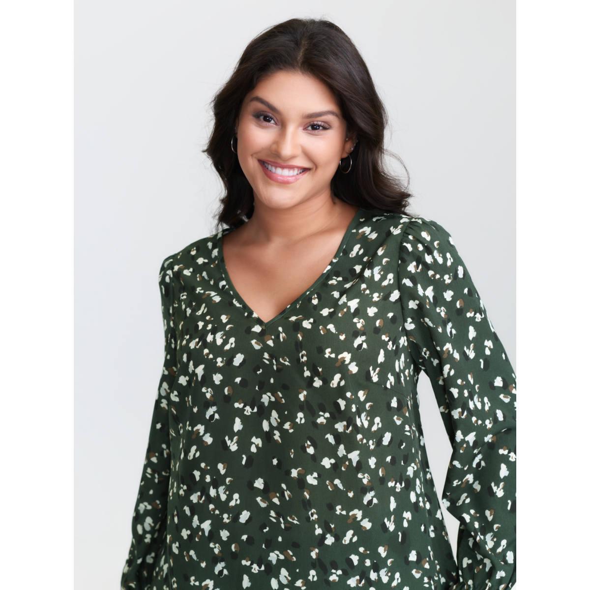 Plus Size DarkGreen Leopard Print Stretchy Cuff Sleeve Blouse Women Office Long Sleeve V-neck Office Blouses BloomChic 26/4X Product Image