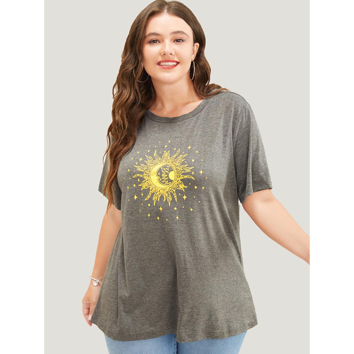 Plus Size Moon And Star Round Neck T-shirt DarkGray Women Casual Printed Star and moon Dailywear T-shirts BloomChic 14-16/1X Product Image
