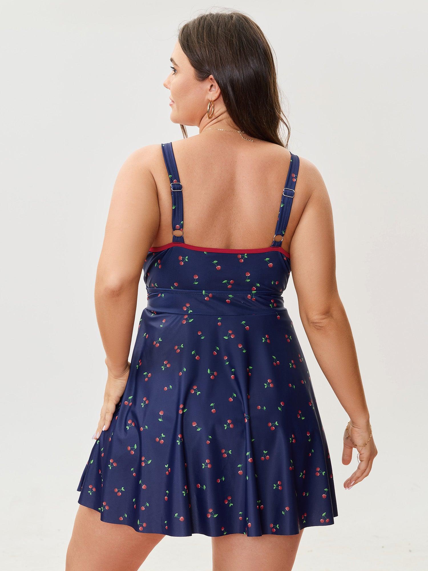 Cherry Print Belted Color Contrast Swim Dress Female Product Image