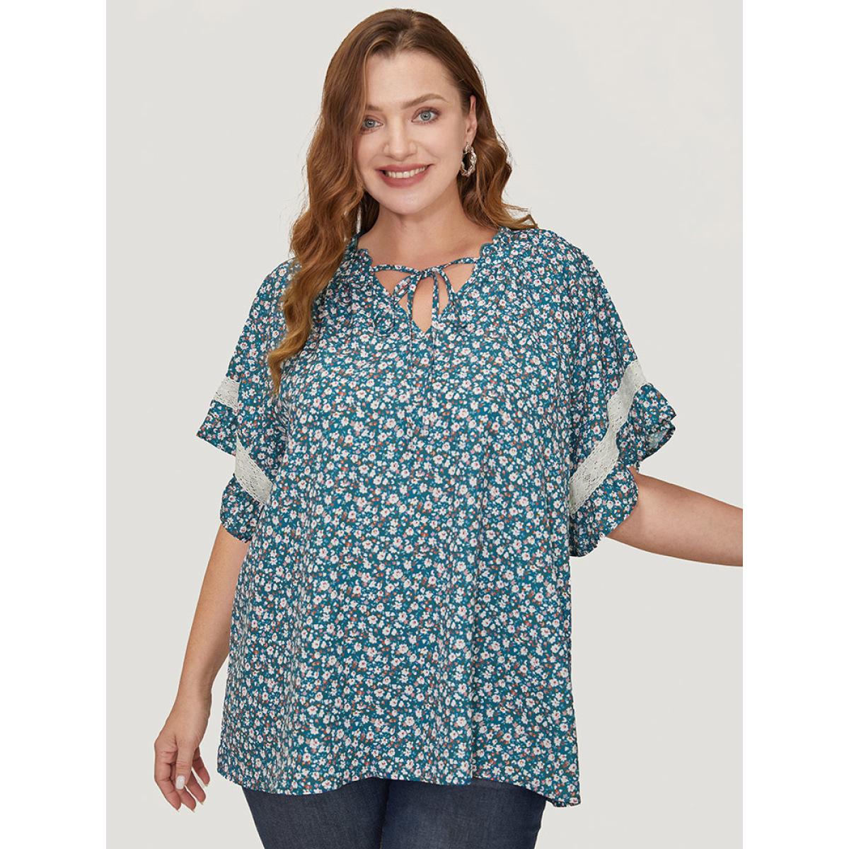 Plus Size Aegean Ditsy Floral Frill Trim Lace Ruffle Sleeve Tie Neck Blouse Women Elegant Short sleeve Tie Neck Dailywear Blouses BloomChic 18-20/2X Product Image