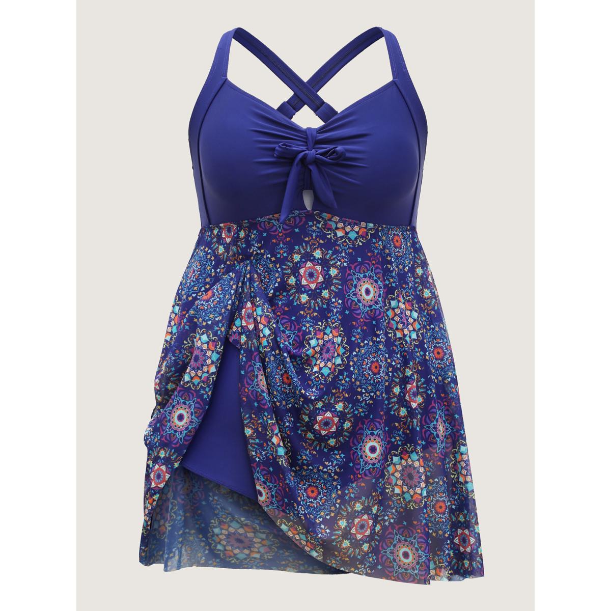 Plus Size Tie-Front Sheer Boho Print Swim Dress Women's Swimwear DarkBlue Beach Bodycon Heart neckline High stretch Curve Swim Dresses BloomChic 30/6X Product Image
