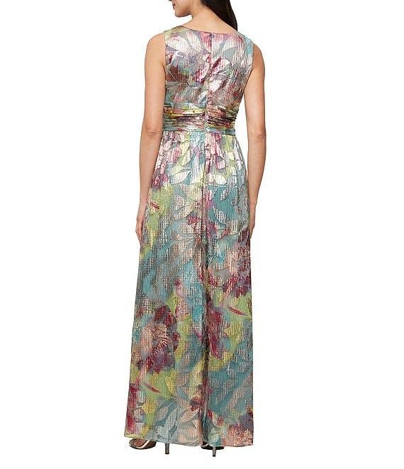 Ignite Evenings V-Neck Sleeveless Floral Print Foil Dress Product Image
