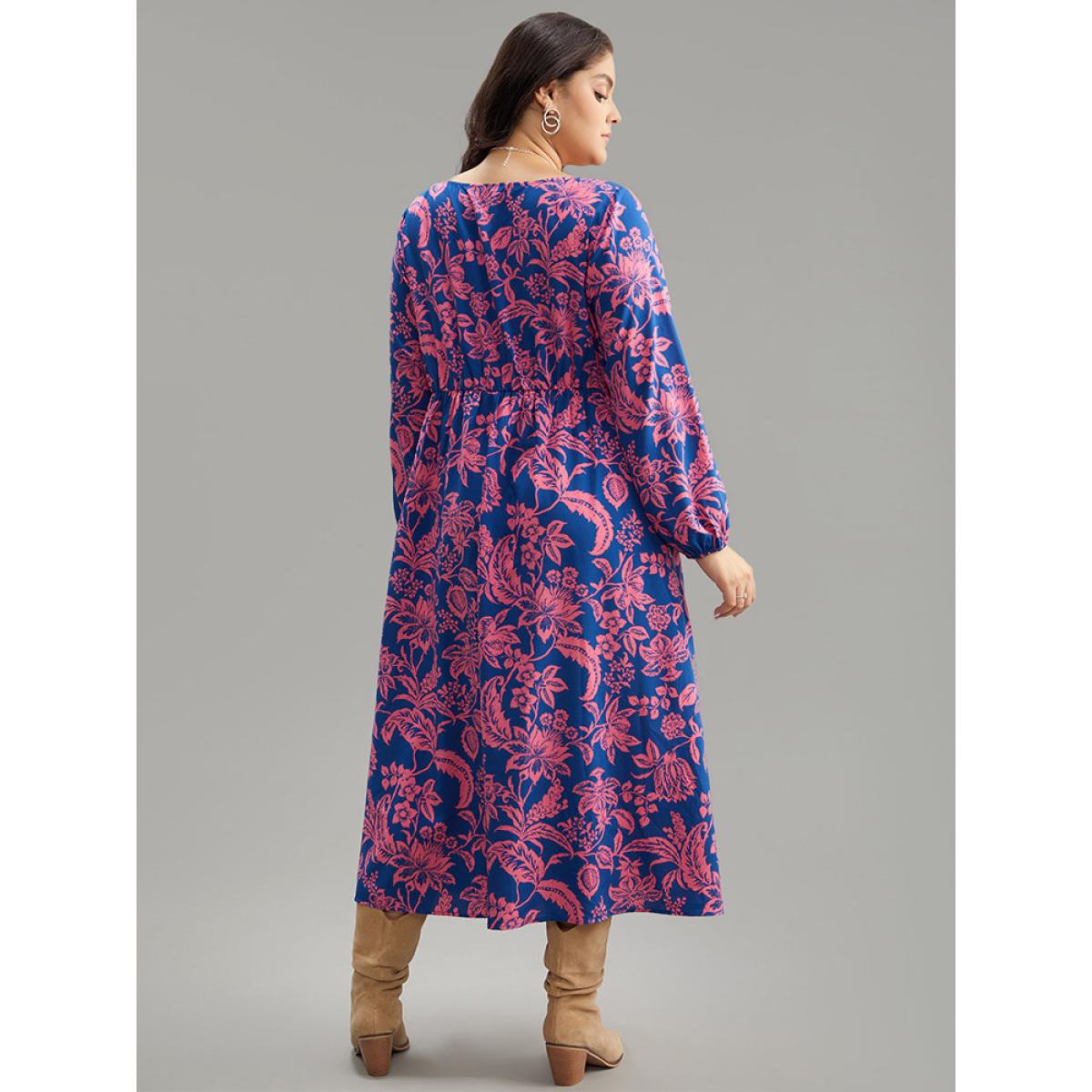 Plus Size Floral Twist Front Pocket Lantern Sleeve Dress DarkBlue Women Vacation Elastic cuffs V-neck Long Sleeve Curvy Midi Dress BloomChic 22-24/3X Product Image